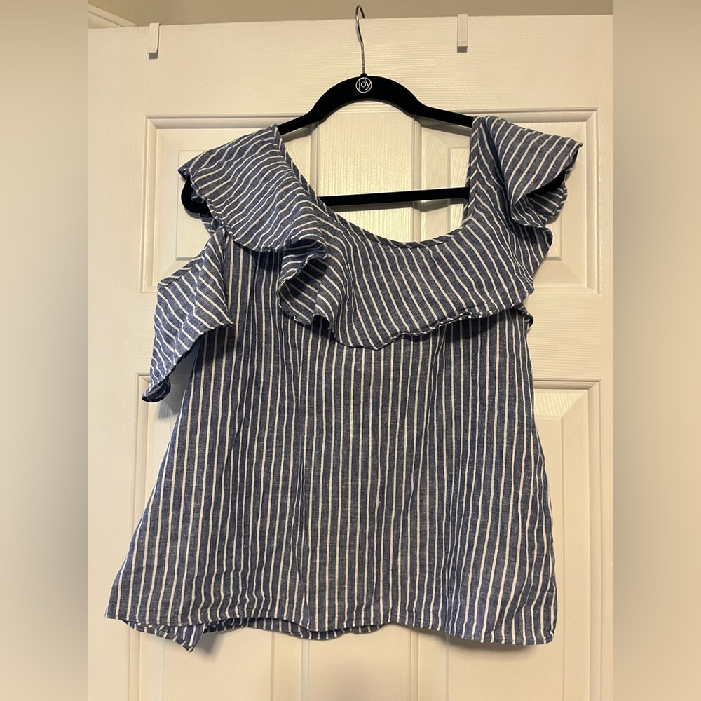 Madewell Linen Ruffle Off Shoulder Stripe Top
